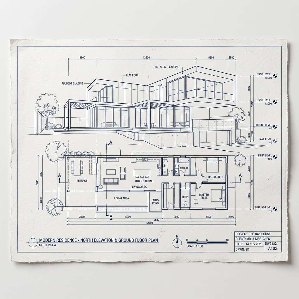 Architectural blueprint drawing of a modern coastal residence showing north elevation and ground floor plan with navy drafting lines on cream paper.
