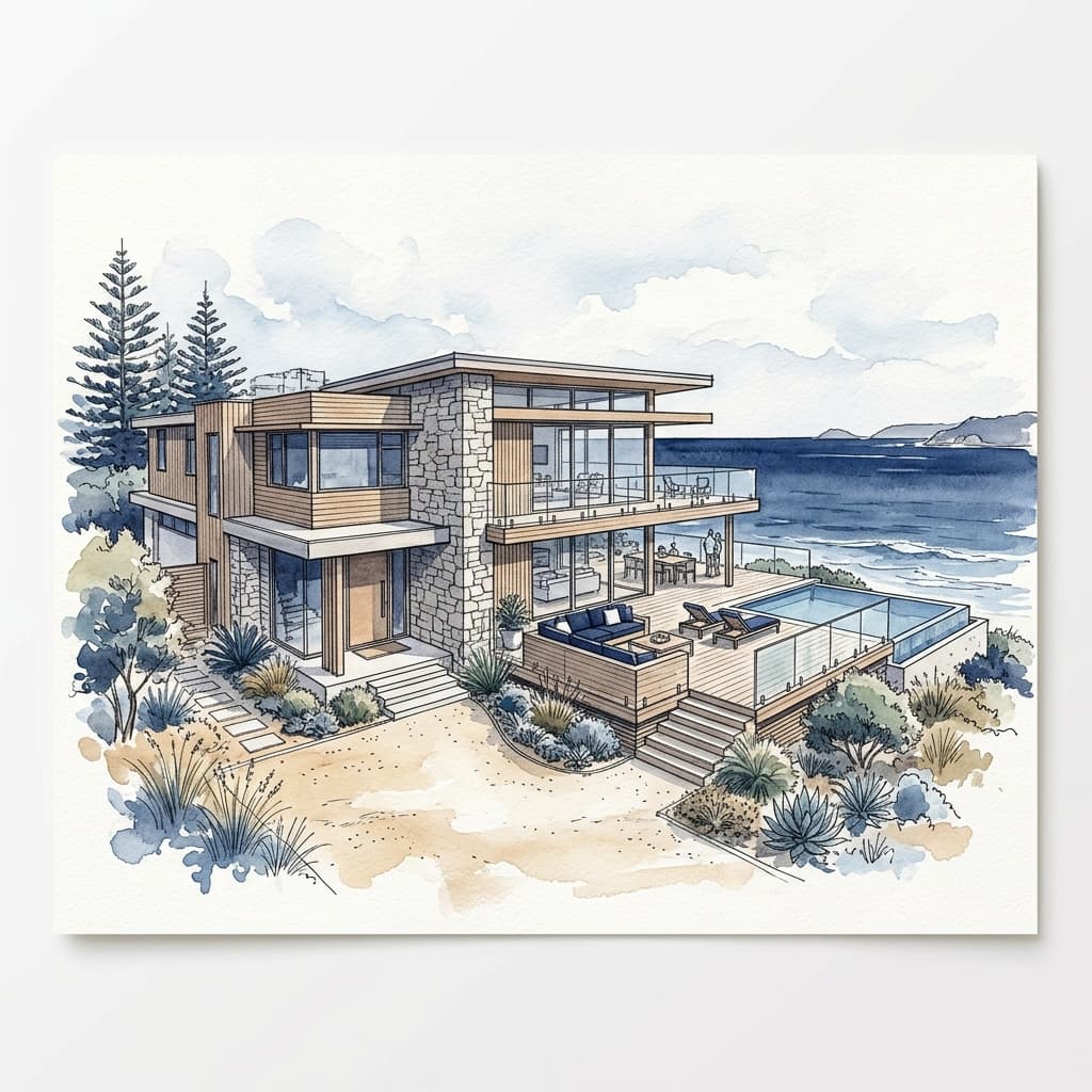 Watercolor illustration of a Tropical Tides coastal home exterior with stone, wood, and glass overlooking the ocean.