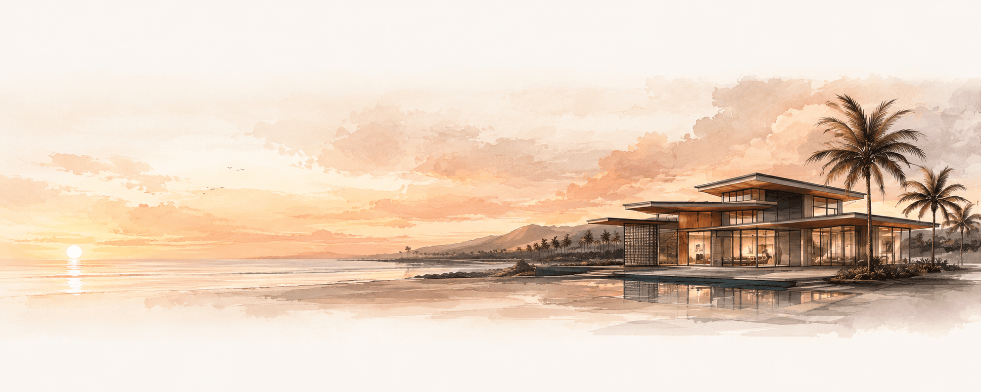 Wide panoramic sunset illustration with a coastal Tropical Tides home and pool at the shoreline.