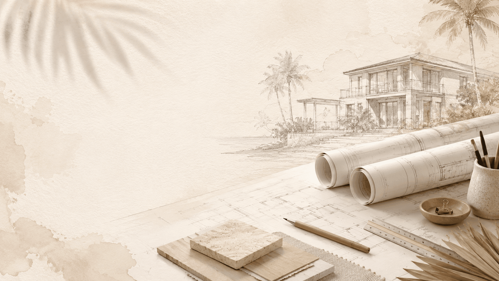 Luxury blueprint and design desk scene with layered papers and drafting atmosphere.