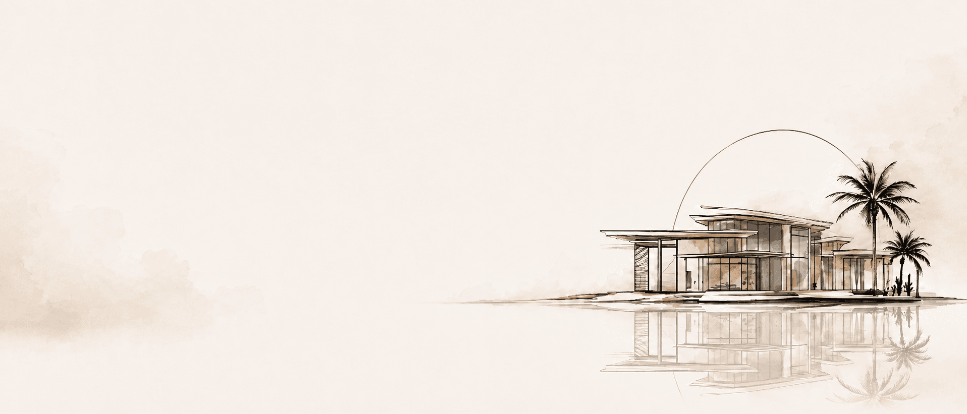 Architectural paper-and-ink composition with the Tropical Tides house mark reflected toward the right side.